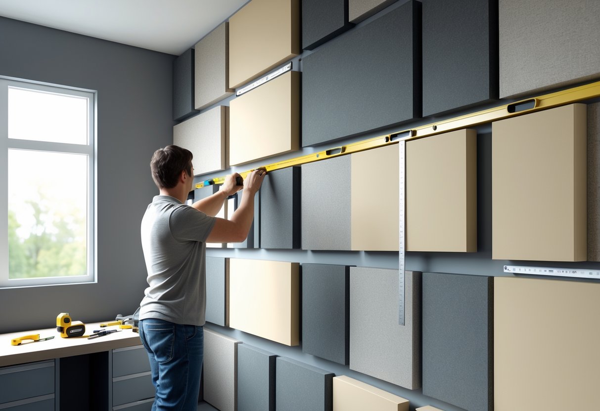 A person installing and adjusting acoustic panels on a wall in a well-lit room using tools like a spirit level and measuring tape.