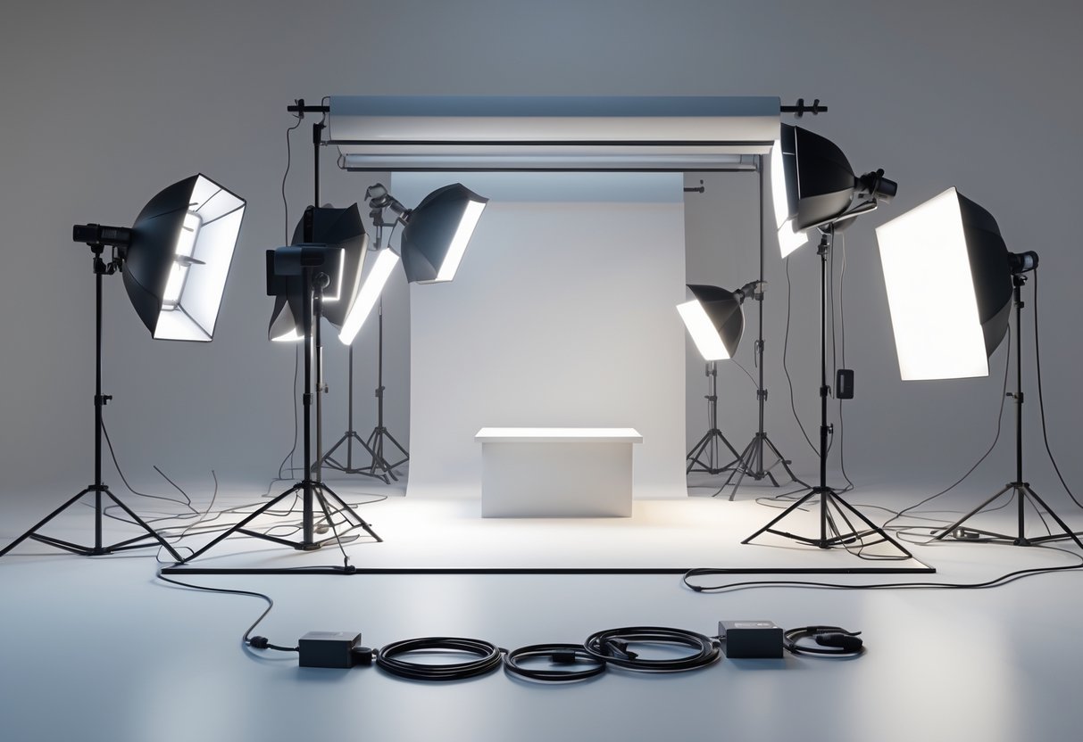 A photography studio with various lights, stands, and reflectors arranged around a central shooting area.