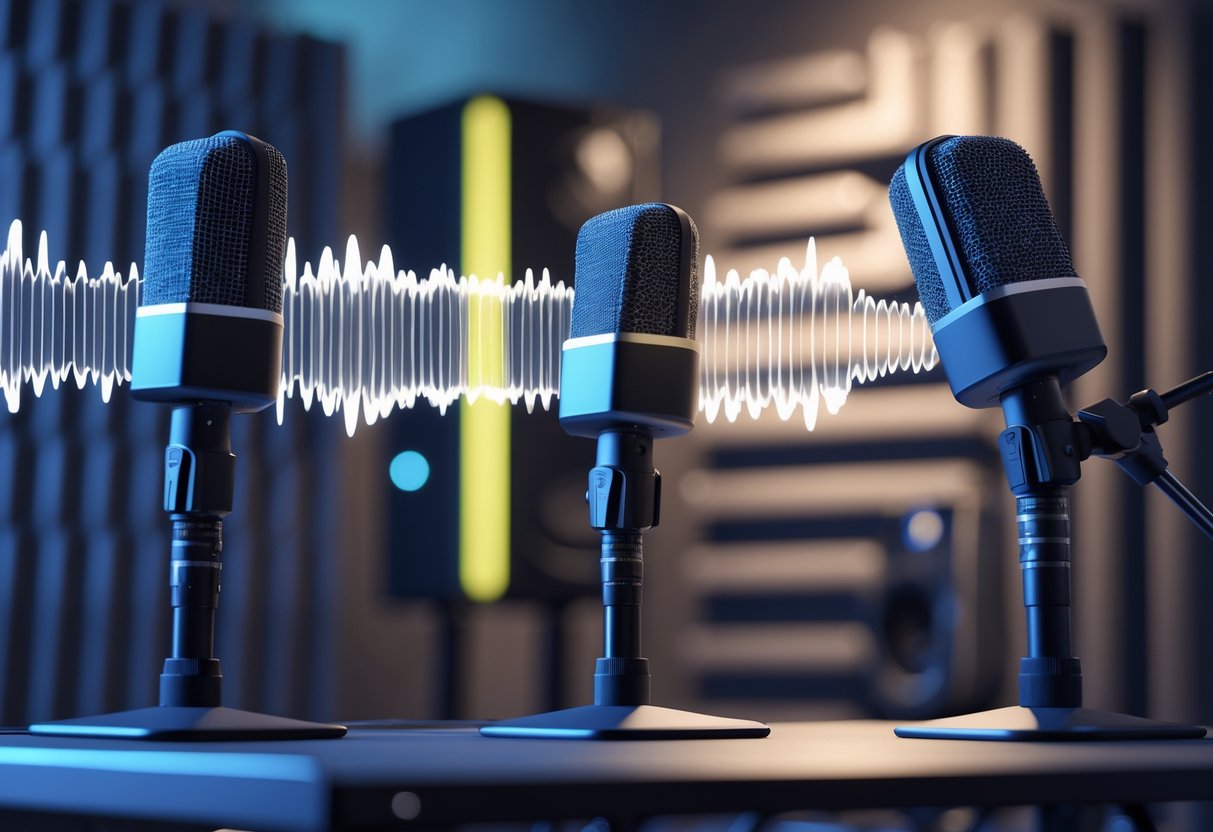 A recording studio scene showing a singer with three microphones placed at different distances and angles to demonstrate distance, angle, and proximity effects.