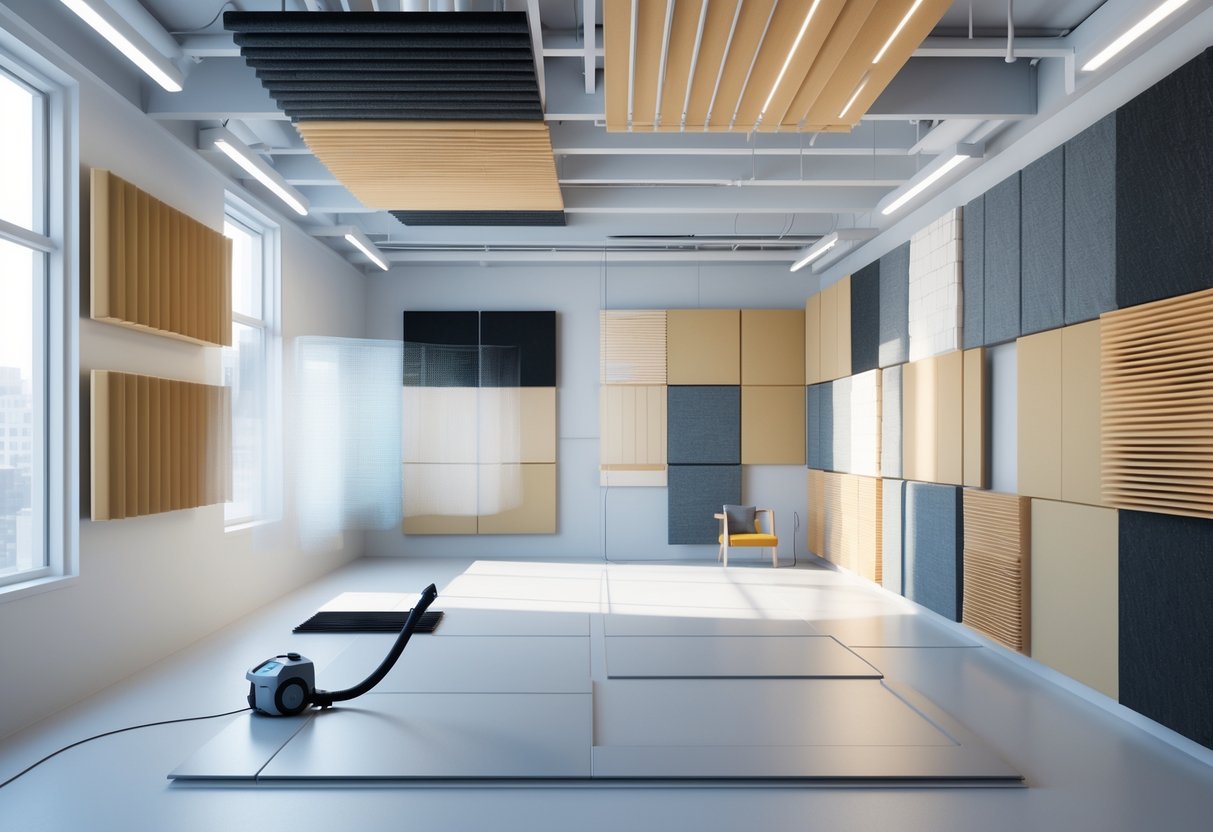 Interior room showing acoustic panels placed on walls and ceiling with clear space around them for maintenance and airflow.