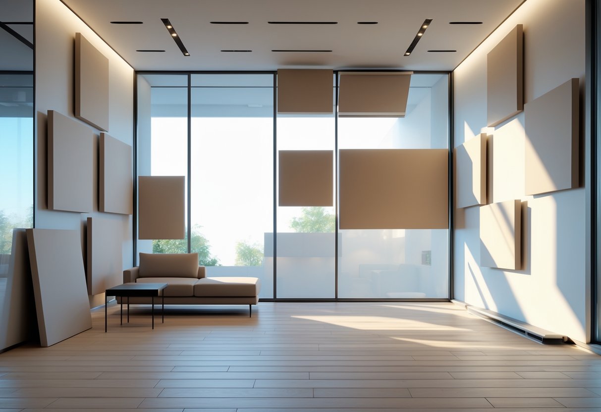 A room interior showing walls with acoustic panels placed unevenly and at different heights, illustrating common placement challenges.