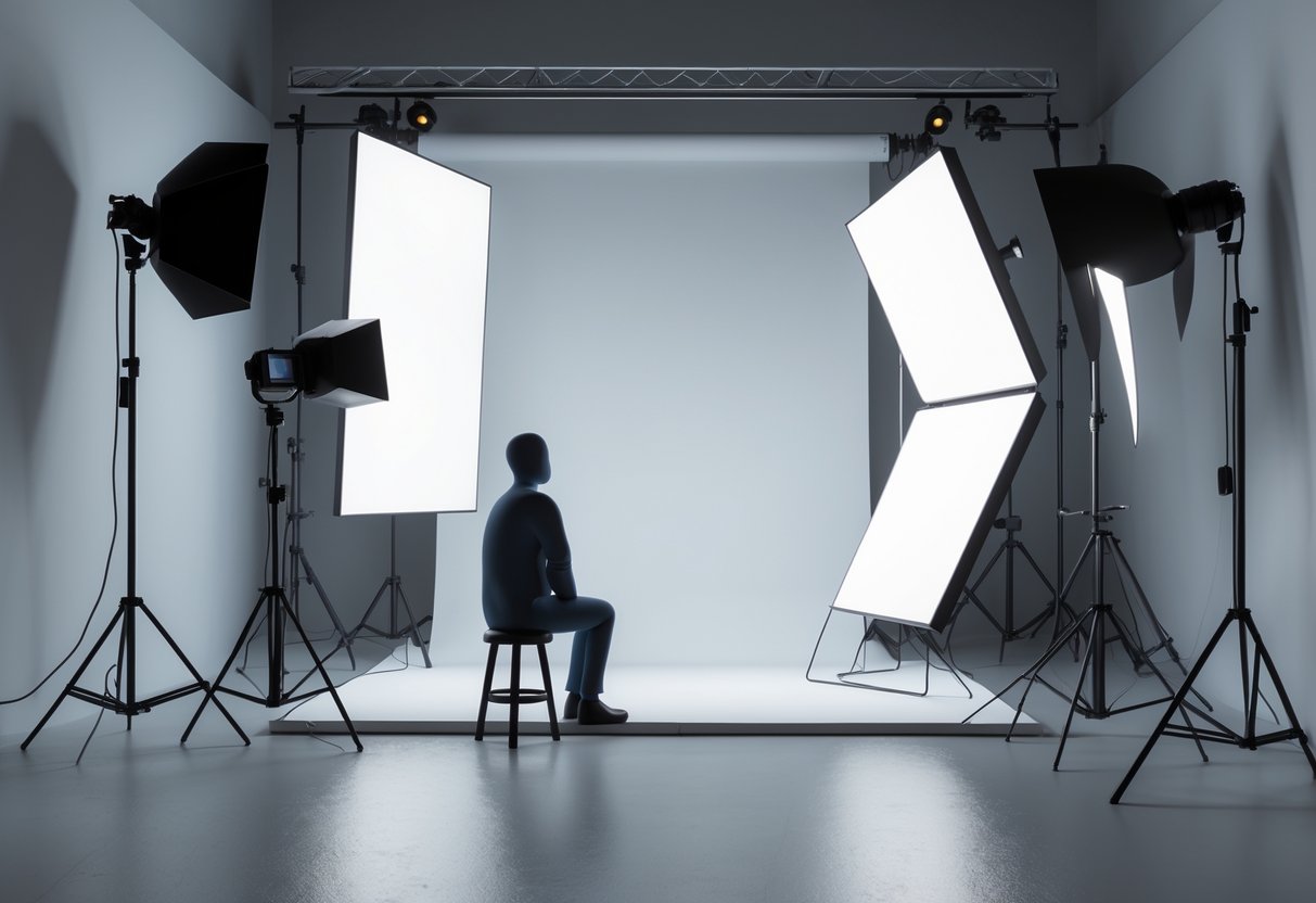 An indoor photography studio showing a mannequin on a stool with different lighting setups illustrating common mistakes and proper lighting techniques side by side.