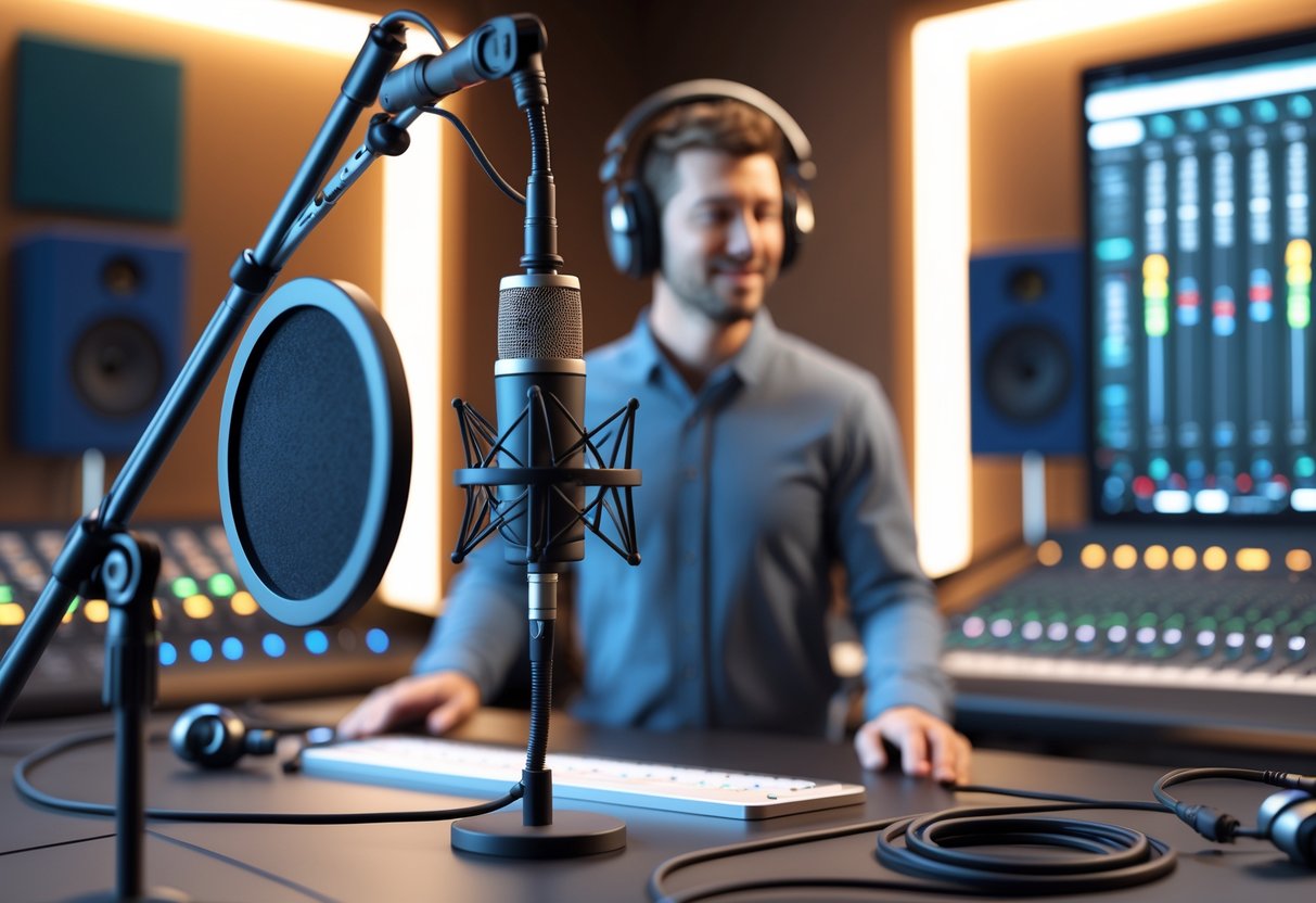 A recording studio scene showing a singer with several microphones placed at different positions around them to demonstrate vocal recording techniques.