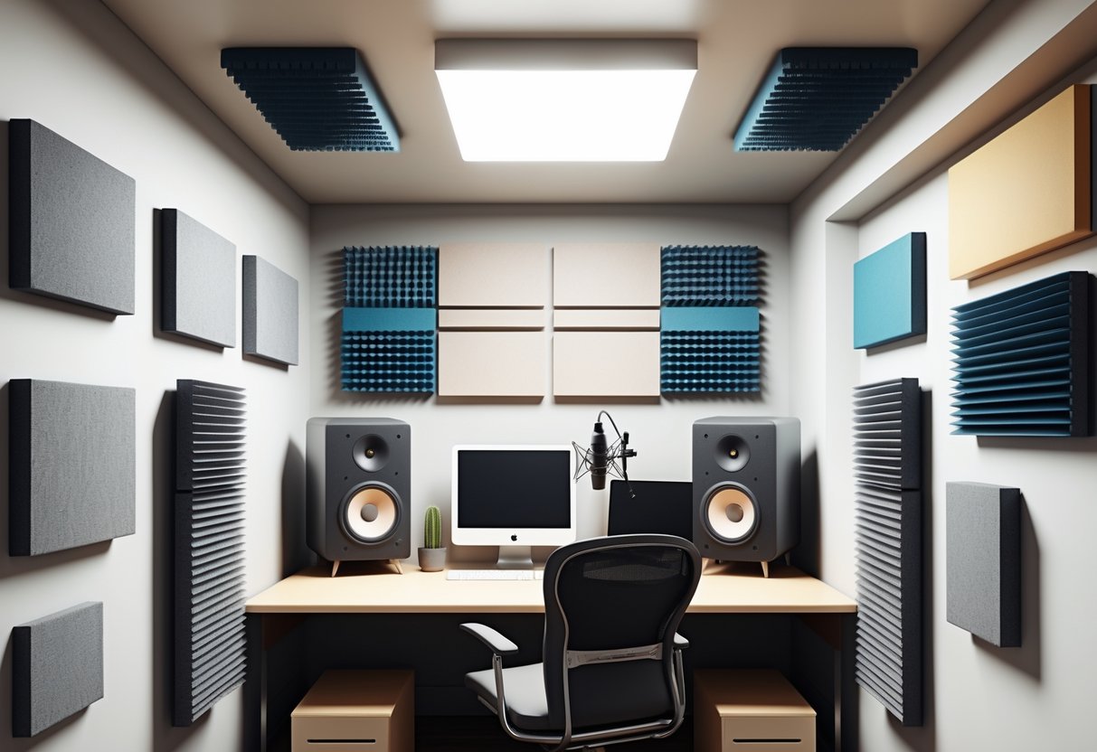 3D rendered image of a room with acoustic panels placed on walls and ceiling around a home studio setup.