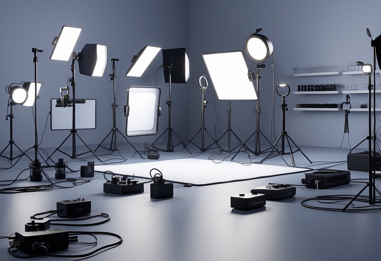 A studio with various professional lighting equipment arranged around a central area, showing different lights, stands, cables, and maintenance tools.