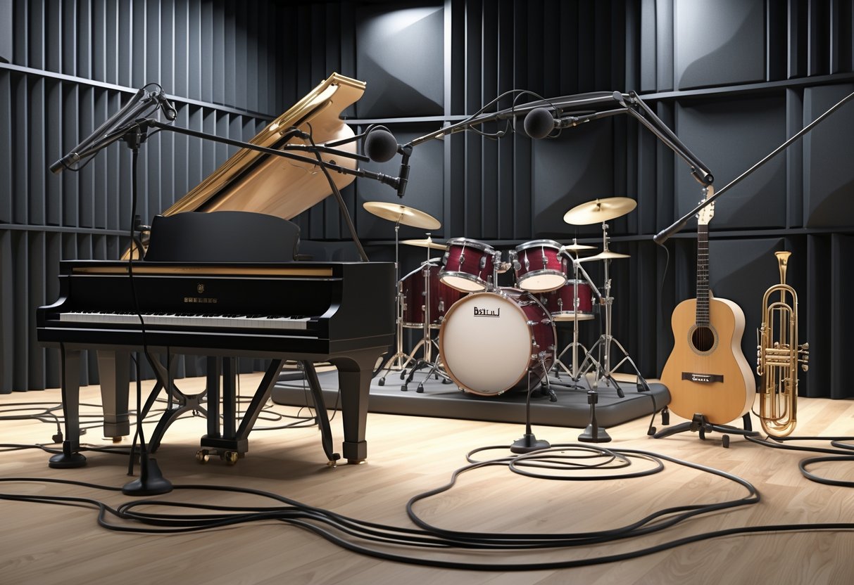A recording studio showing microphones placed near a piano, drum kit, acoustic guitar, and trumpet, with cables leading to a mixing console.