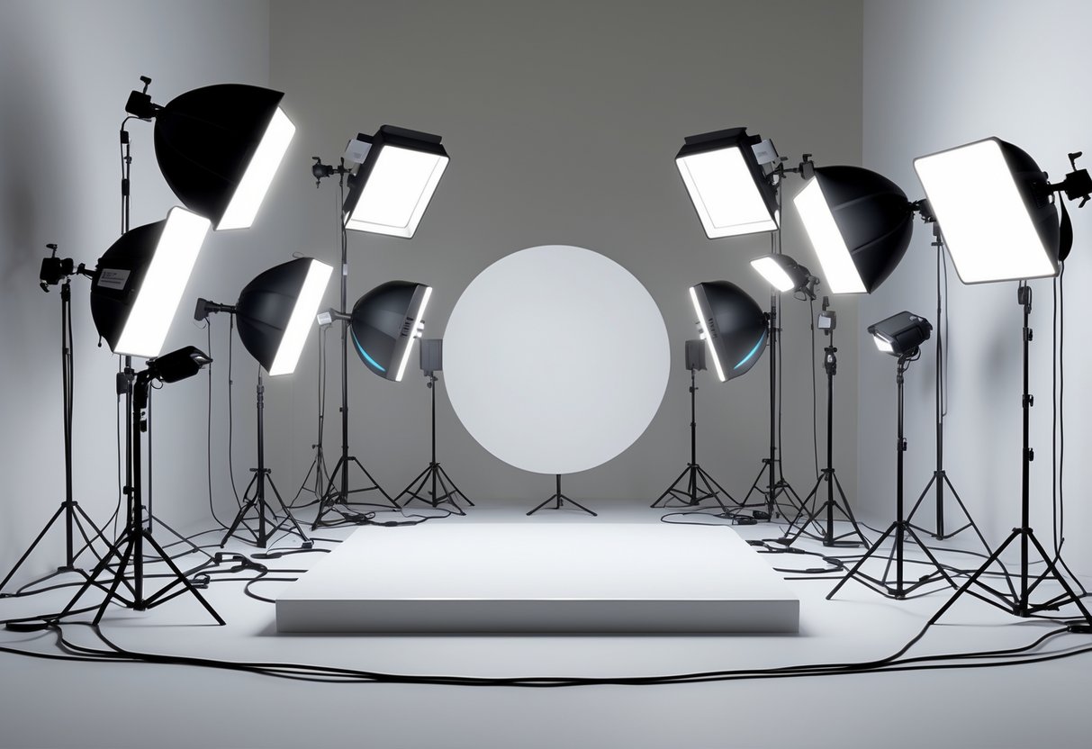 A 3D scene showing various studio lights and equipment arranged around a mannequin to demonstrate different lighting positions and techniques.