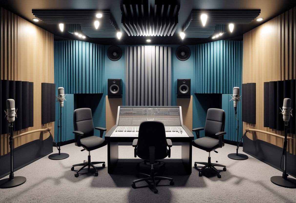 A 3D rendered recording studio showing microphones placed around a mixing console and acoustic panels on the walls, illustrating sound balancing.