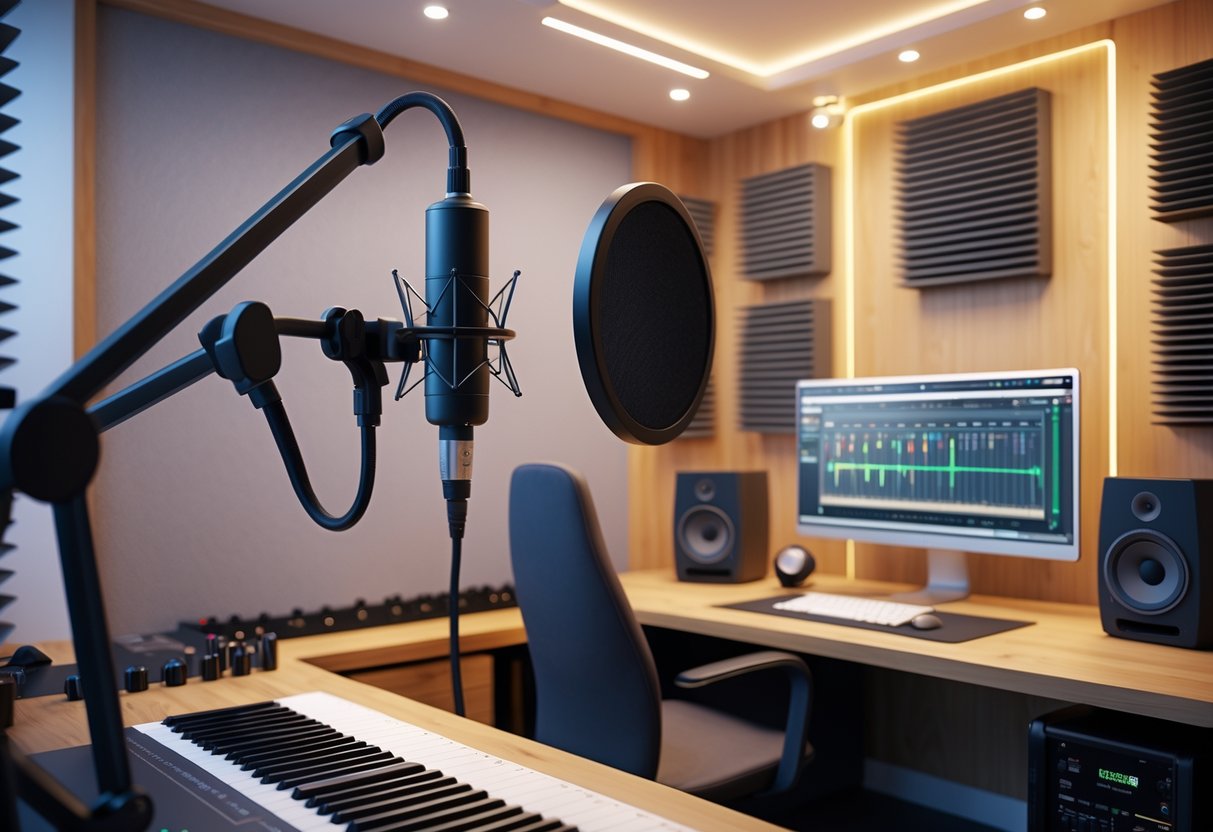 A home recording studio with a microphone on a boom arm surrounded by acoustic panels, bass traps, and diffusers, showing an organised setup for sound recording.