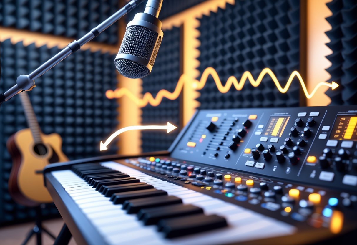 A recording studio setup showing a microphone positioned near an instrument and a mixing console with equalizer controls.