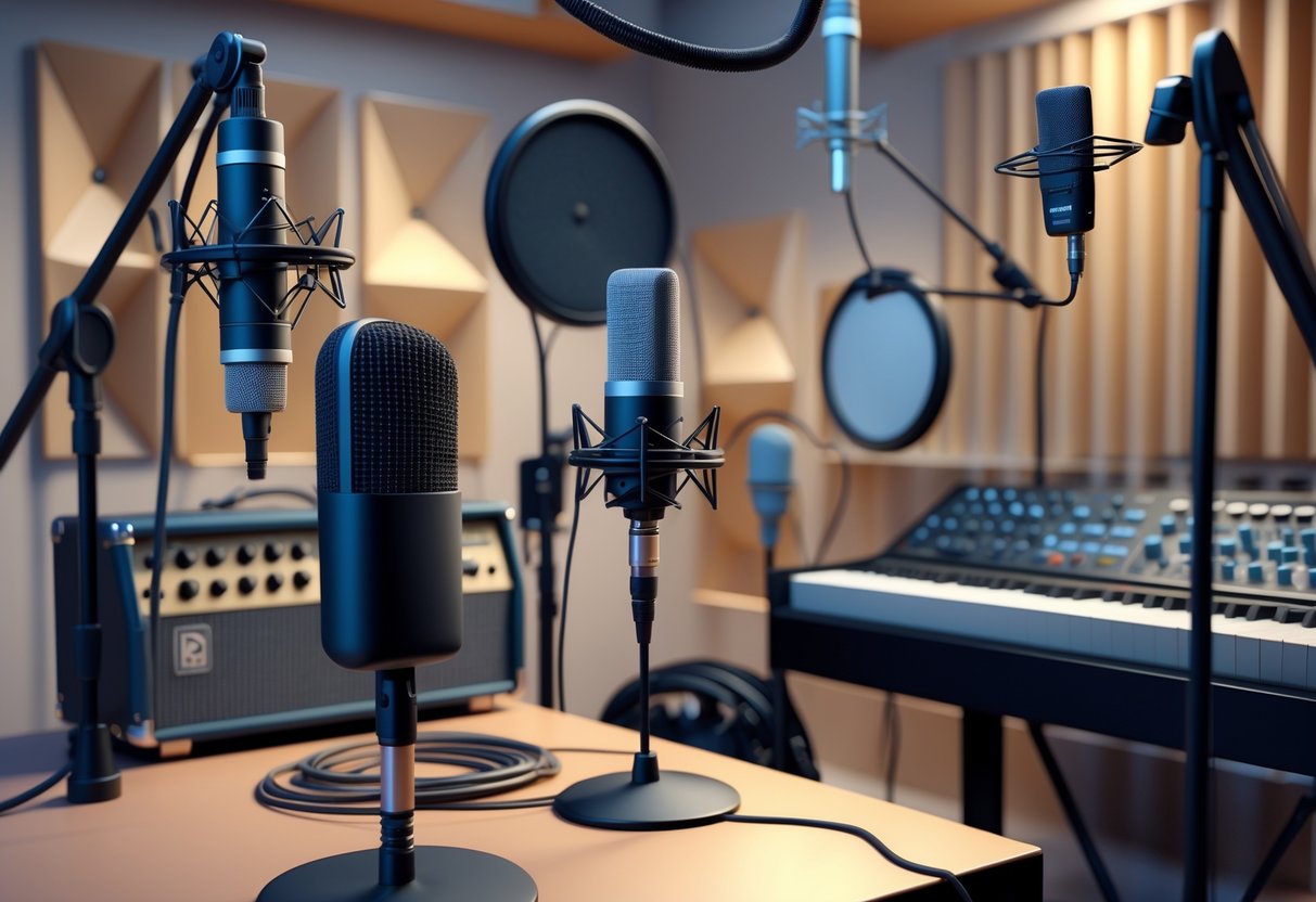 A recording studio setup showing different microphones placed around musical instruments and a vocal stand.