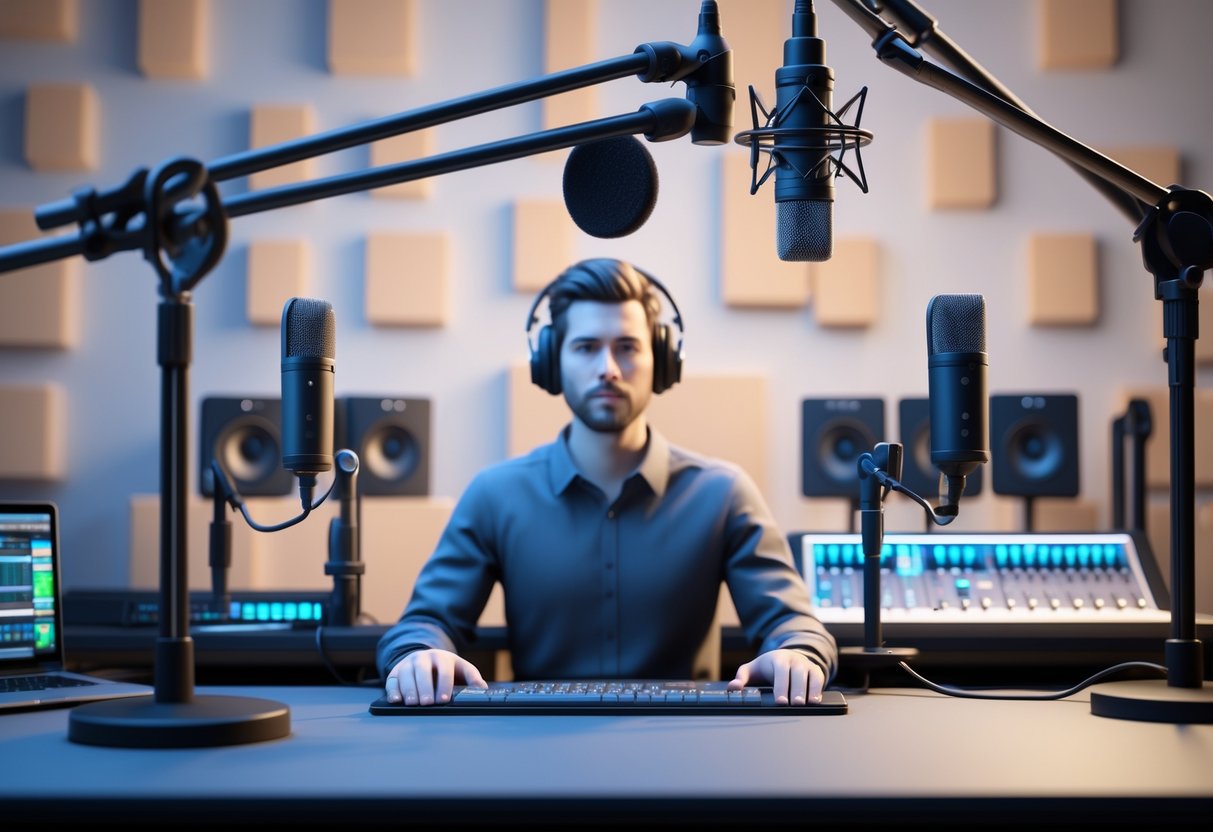 A 3D scene showing a person sitting at a desk with a microphone positioned in front of them, surrounded by various microphone setups in a studio environment.
