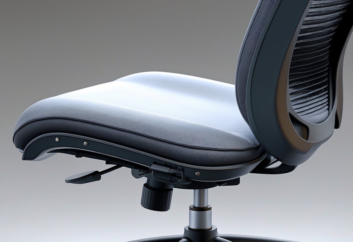 A 3D rendered ergonomic office chair showing the seat pan with emphasis on its depth and width.