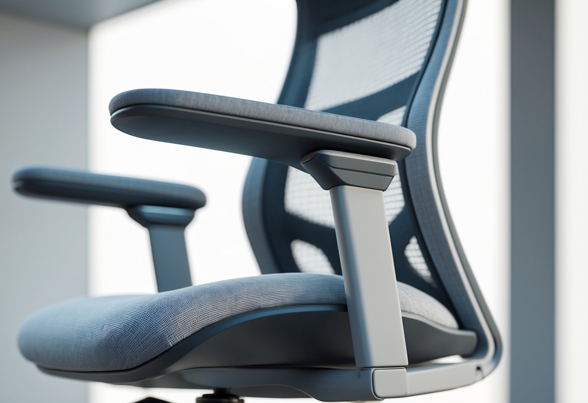 3D rendering of an ergonomic office chair showing padded armrests and a contoured upper backrest for upper body support.