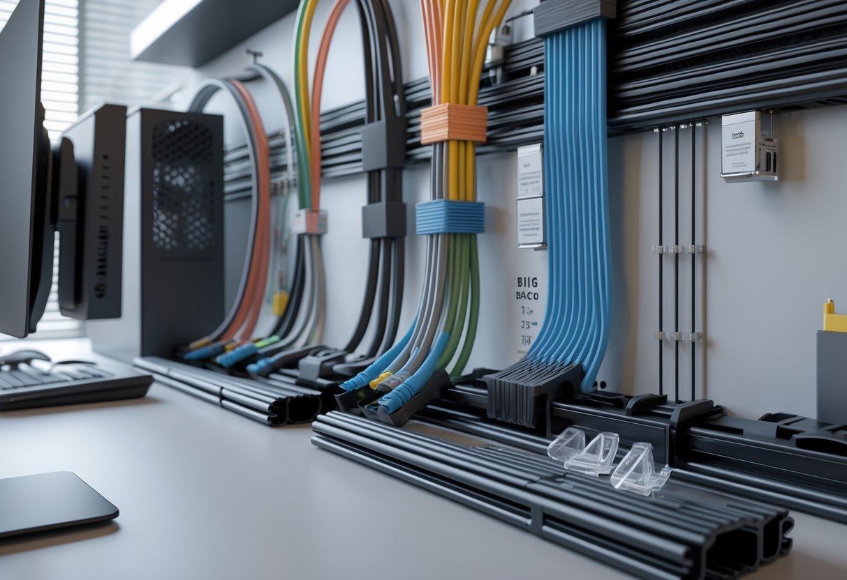 A 3D scene showing organised cables neatly routed through trays, clips, and conduits around a desk and computer equipment.