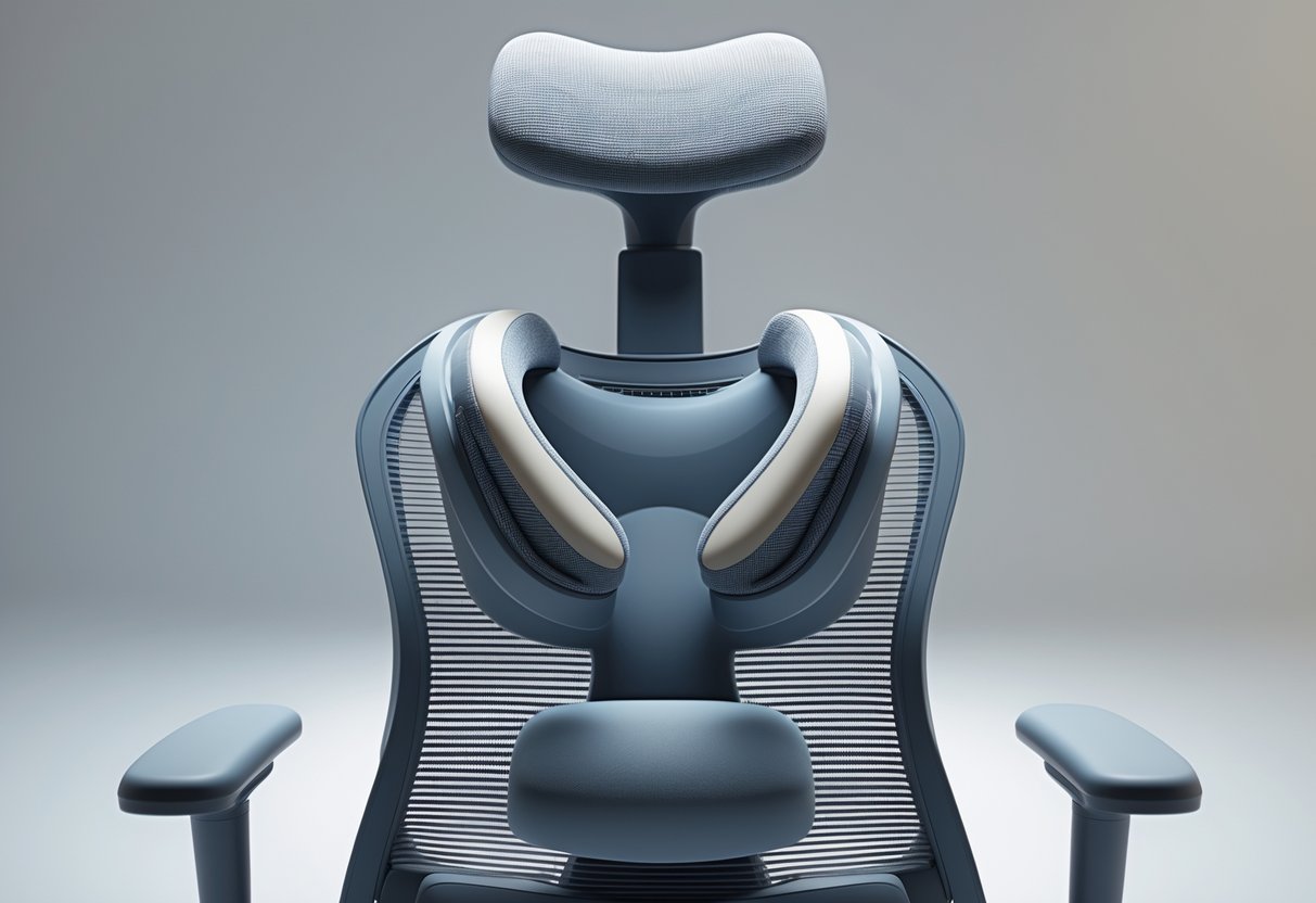 A 3D rendered ergonomic chair with a high backrest and padded headrest designed to support the neck and head.