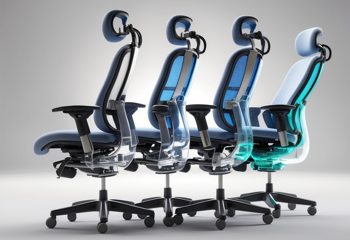 A 3D rendered ergonomic office chair showing its tilt and recline mechanisms with visible internal parts and adjustable positions.