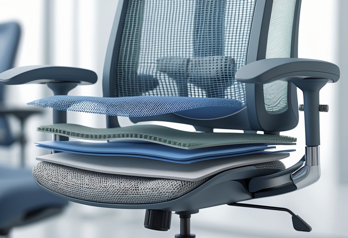 A 3D rendered ergonomic office chair with transparent sections showing breathable mesh fabric, cushioning layers, and a sturdy metal frame.