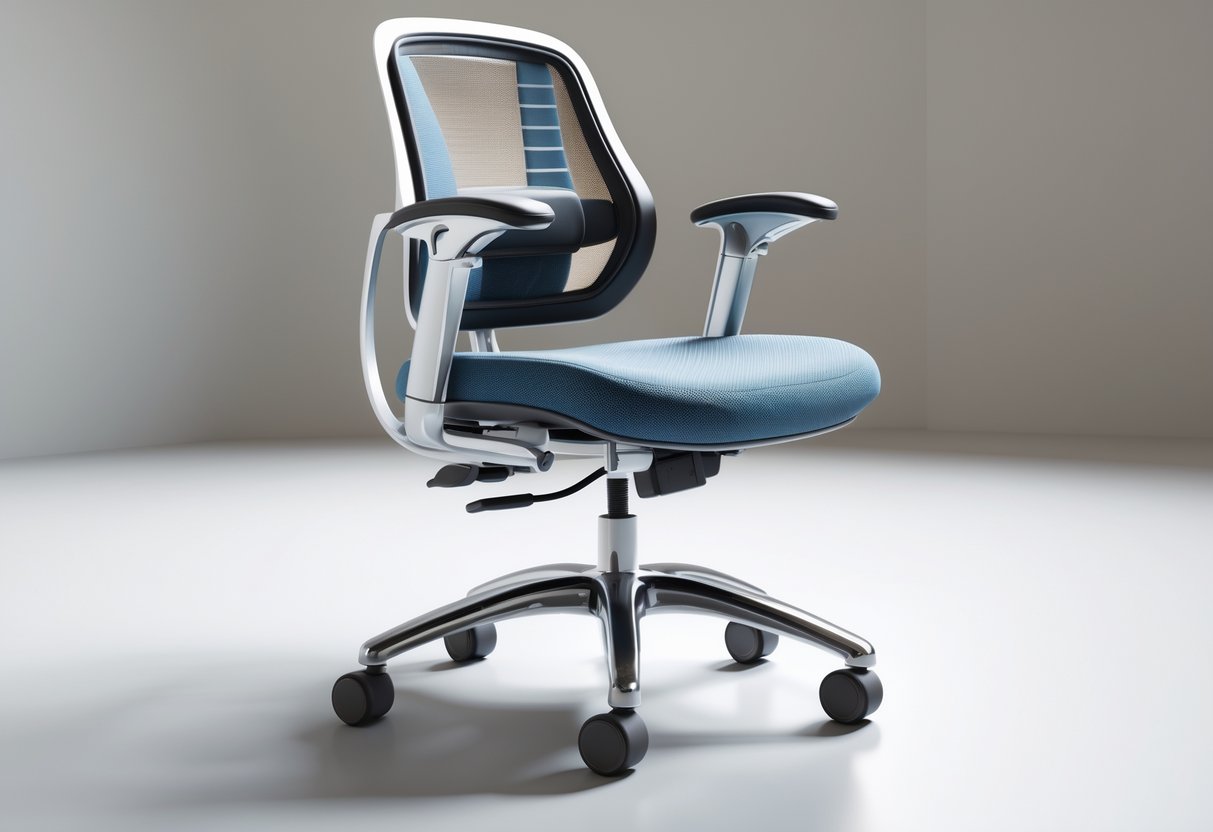 An ergonomic office chair with a swivel base and casters on a clean office floor.