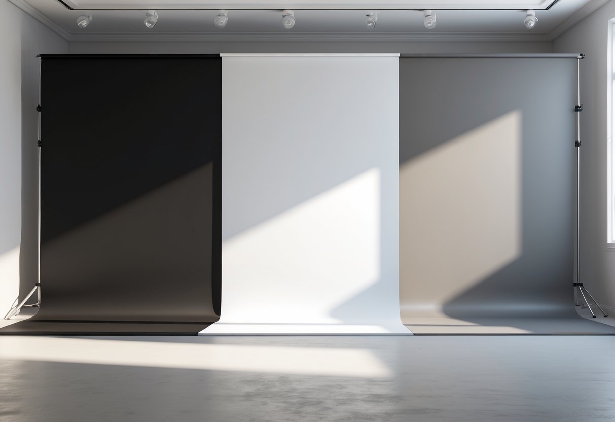 Three large backdrop panels side by side in a studio: one black, one white, and one grey.