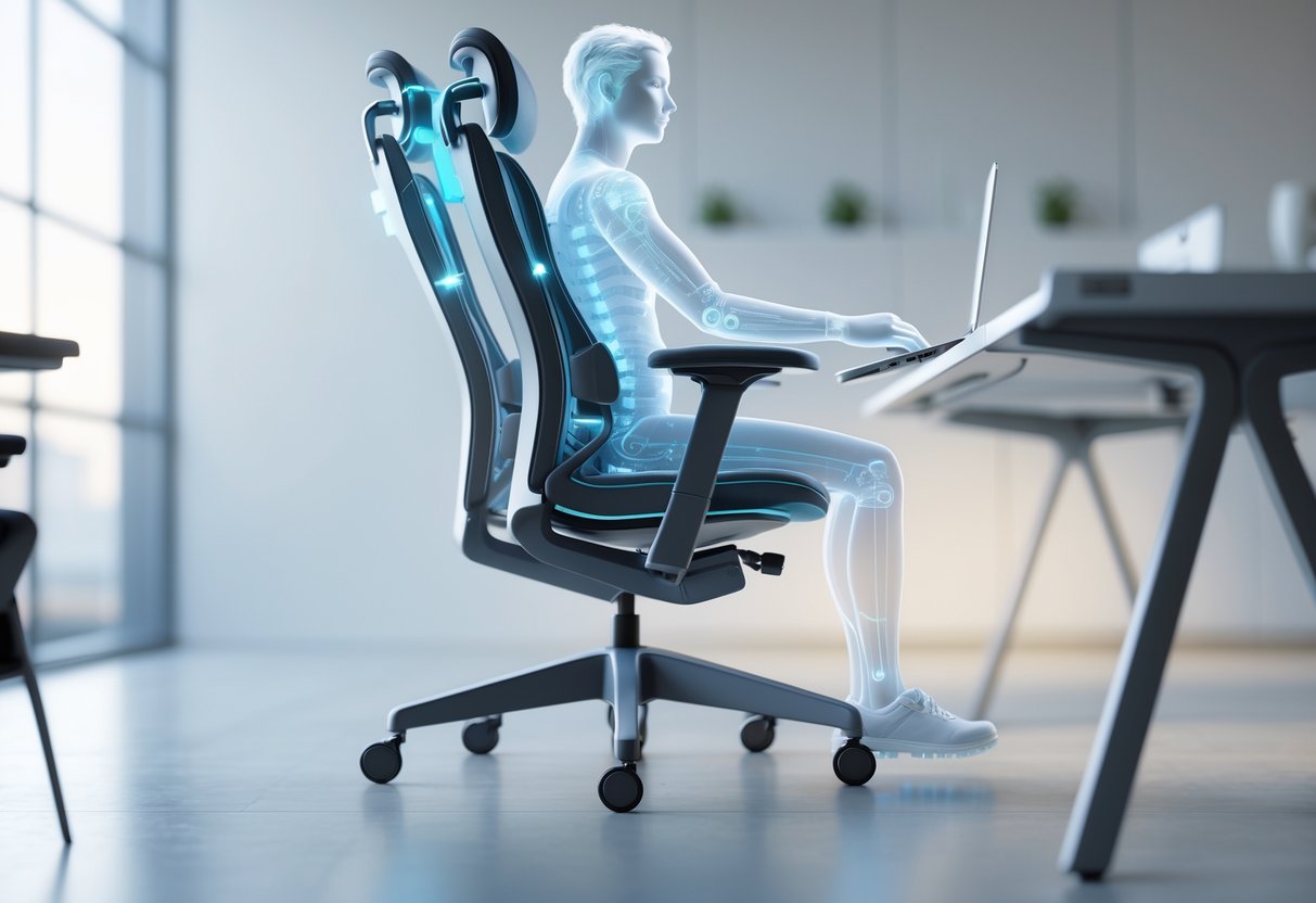 An ergonomic office chair being adjusted to fit a person sitting with correct posture in a simple office setting.