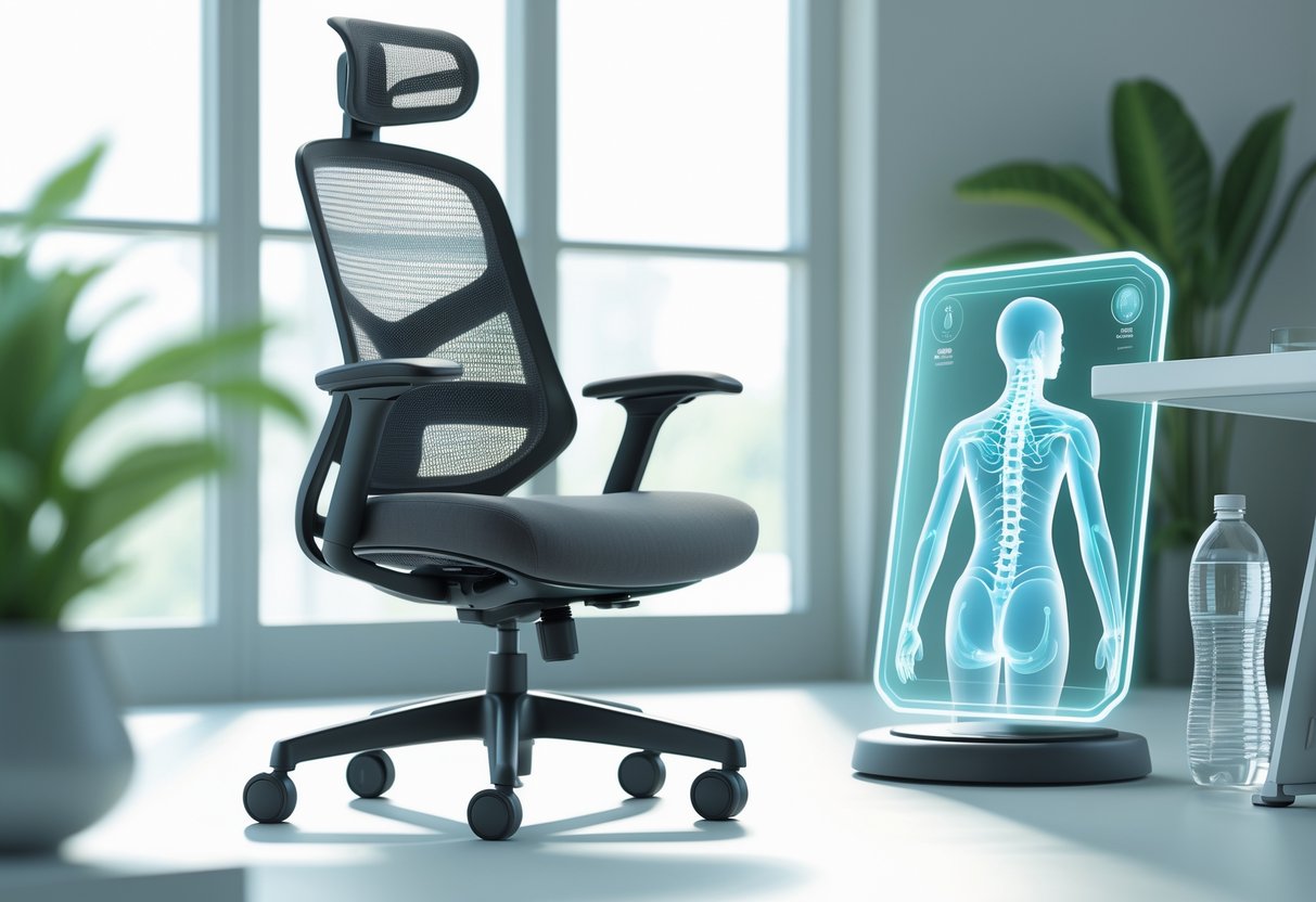 A modern ergonomic office chair with adjustable features in a bright office space, surrounded by plants and a holographic posture guide.