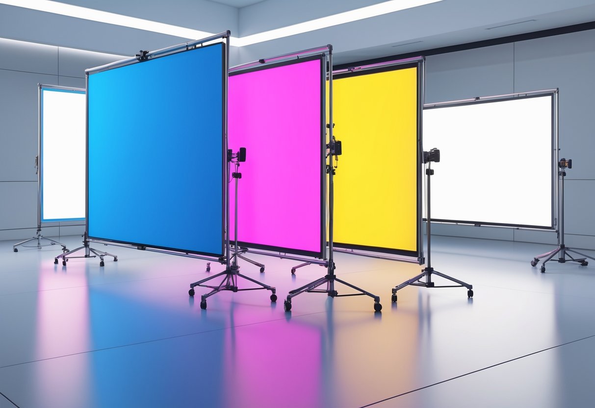 A studio setup displaying blue, magenta, yellow, and white colour screens arranged side by side on stands.