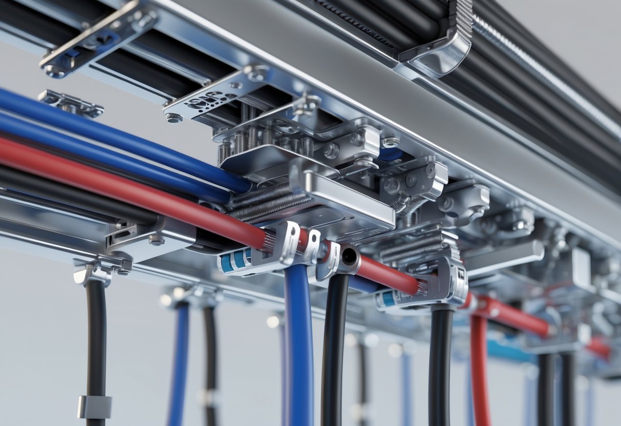 A 3D view of cables neatly fastened, routed, and supported by clamps and trays in an industrial setting.