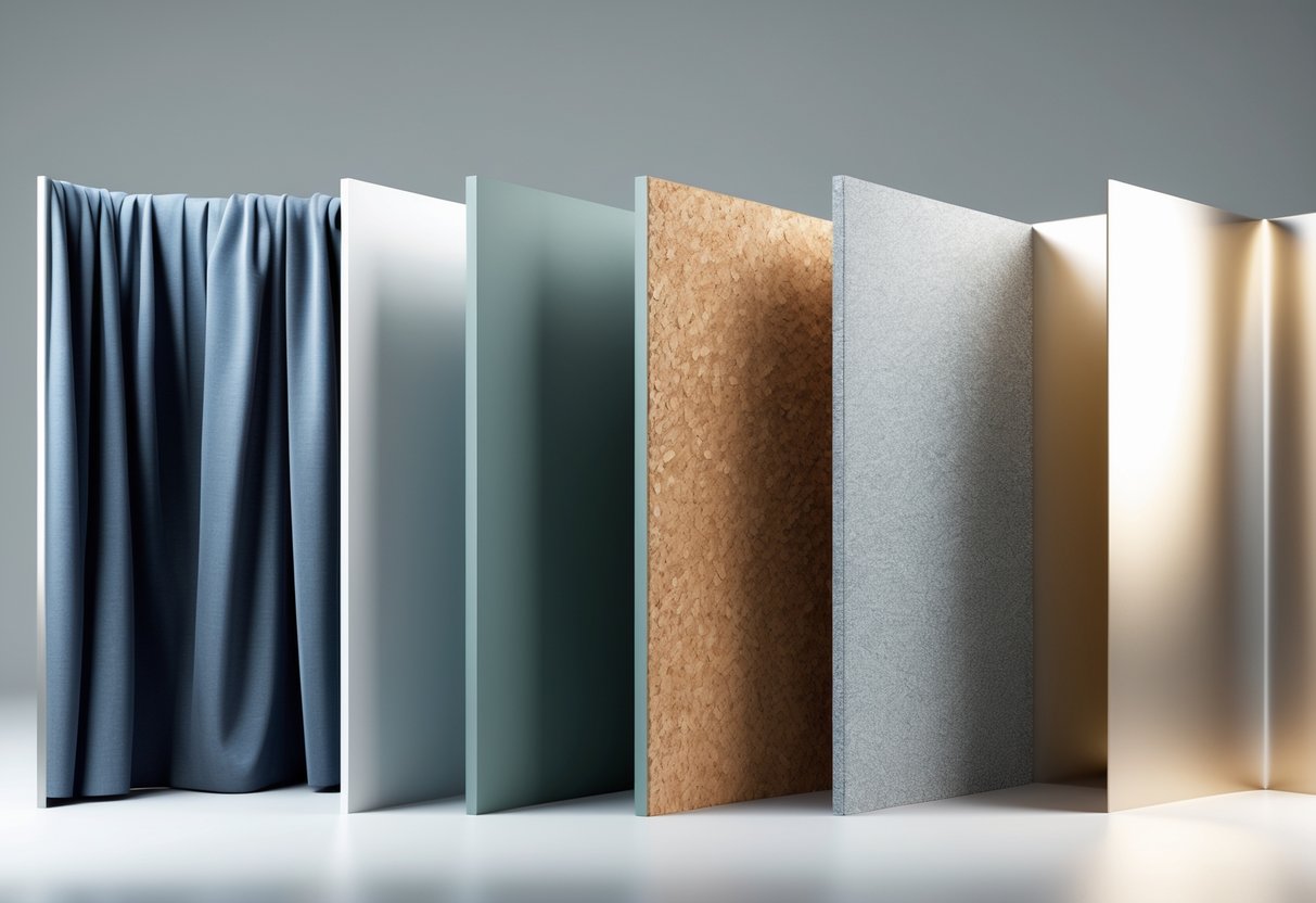 A display of various physical materials including fabric, painted wood, cork, foam, and metal sheets arranged side by side on a surface.