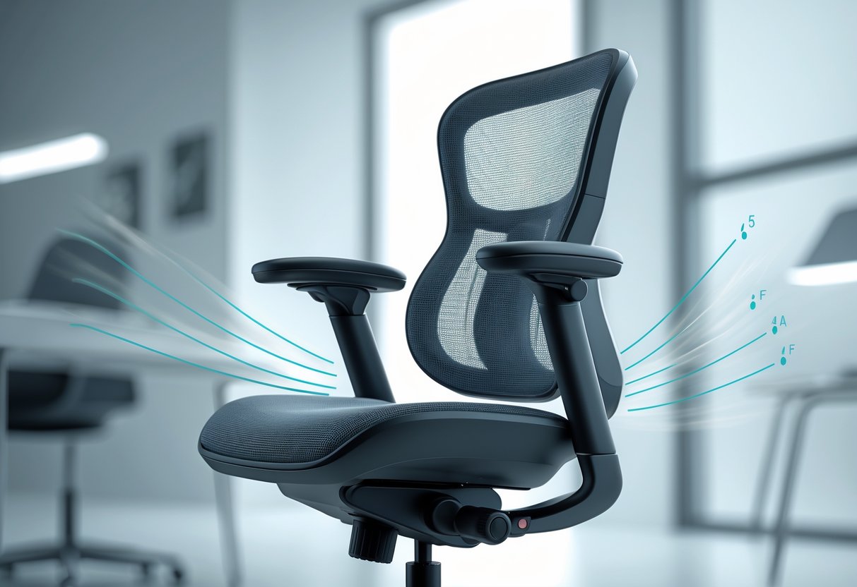 A 3D rendered ergonomic office chair with adjustable features in a clean office setting.