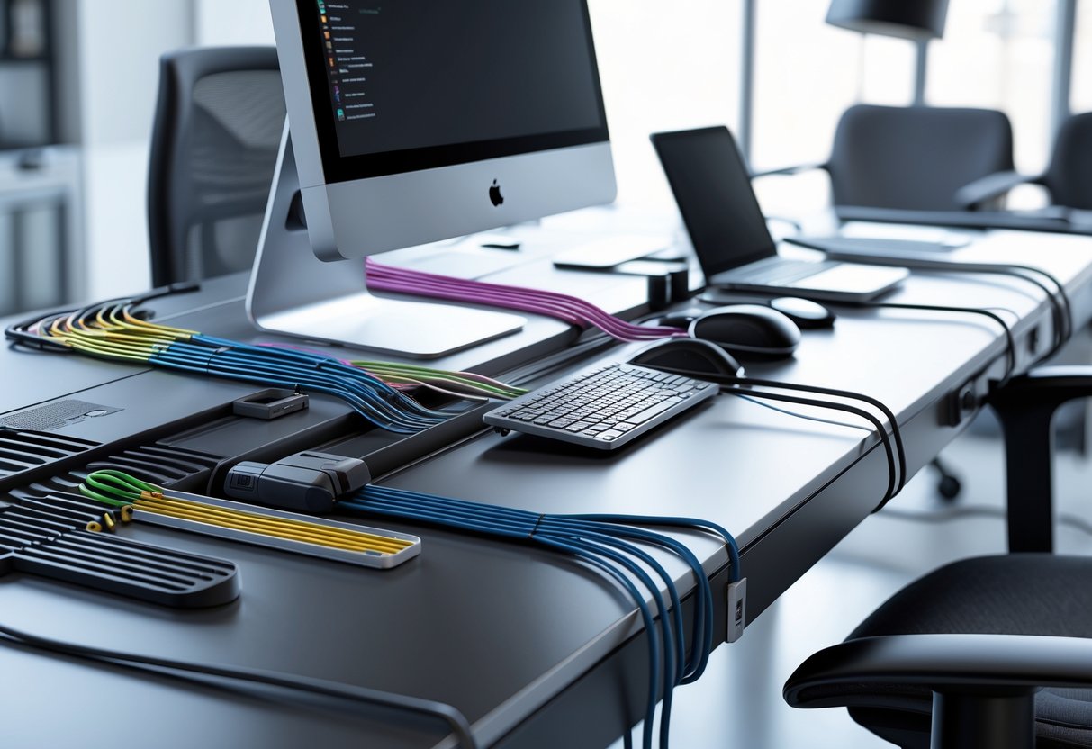 A tidy office desk with neatly organised cables using trays, clips, and sleeves connecting electronic devices.
