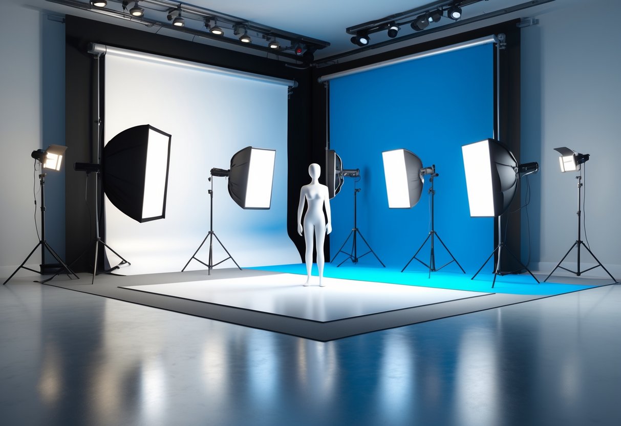 A studio with a mannequin surrounded by different coloured backdrops and various lighting equipment demonstrating lighting and contrast setups without a green screen.
