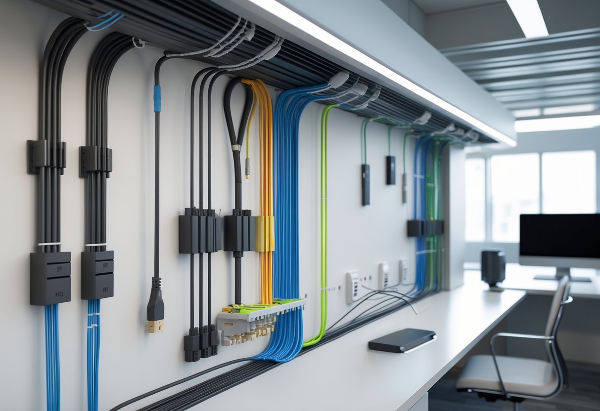 A tidy office workspace showing organised cables neatly arranged in trays and clips along desks and walls with computers and network equipment.