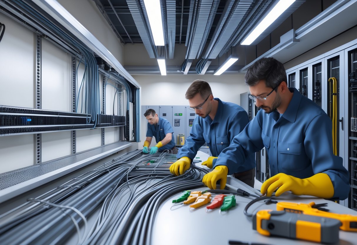 Technicians working on a well-organised cable management system with cables neatly arranged in trays and conduits inside a technical workspace.