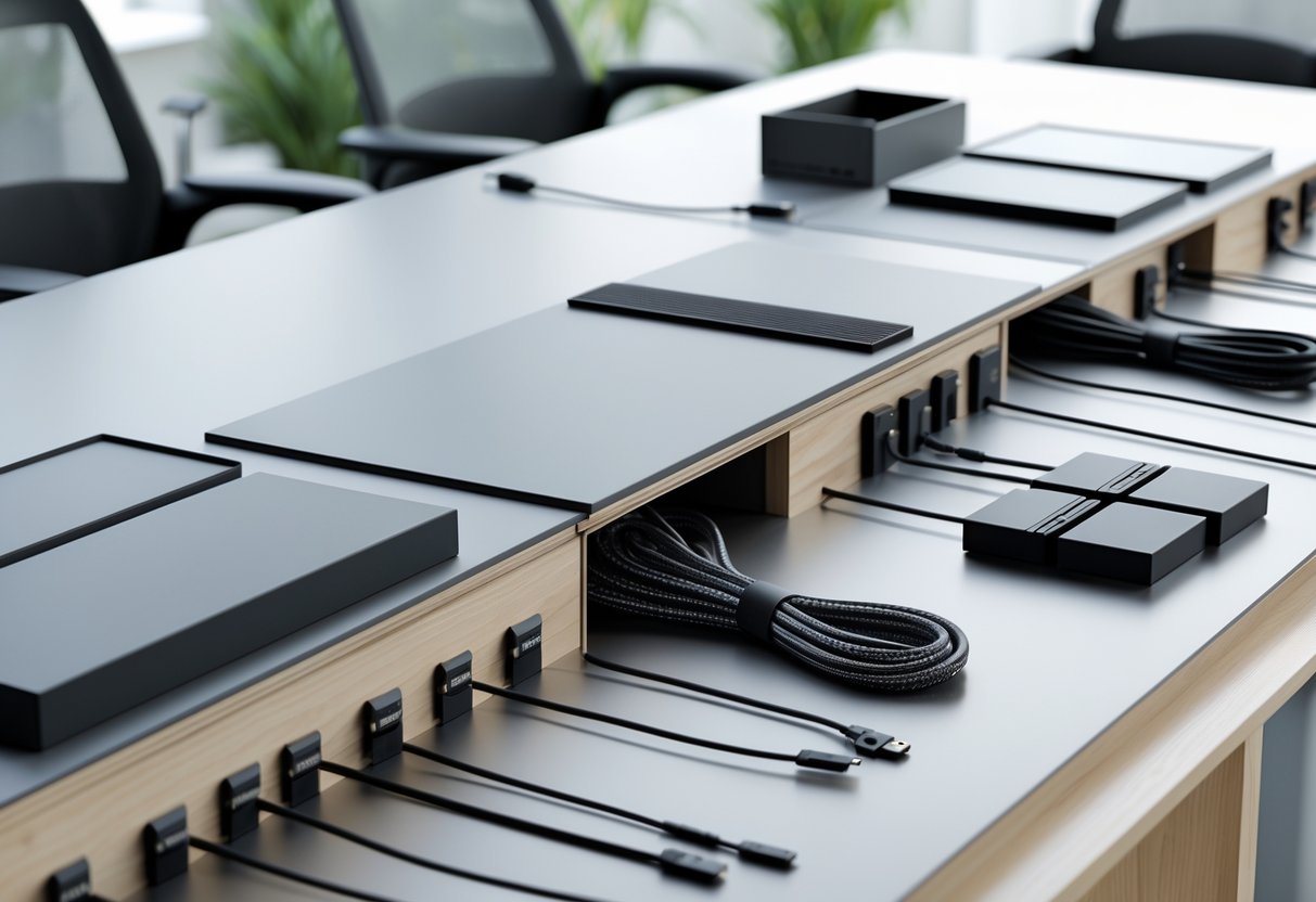 A modern office workspace showing various cable management systems keeping cables neatly organised and out of sight.