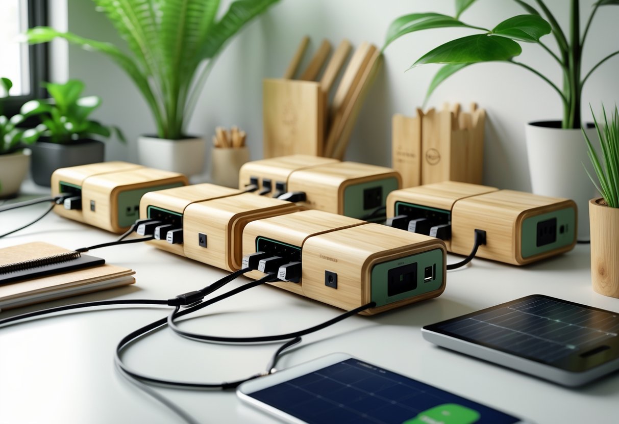 A neat desk setup with eco-friendly cable organisers made from natural materials, surrounded by green plants and electronic devices with tidy cables.