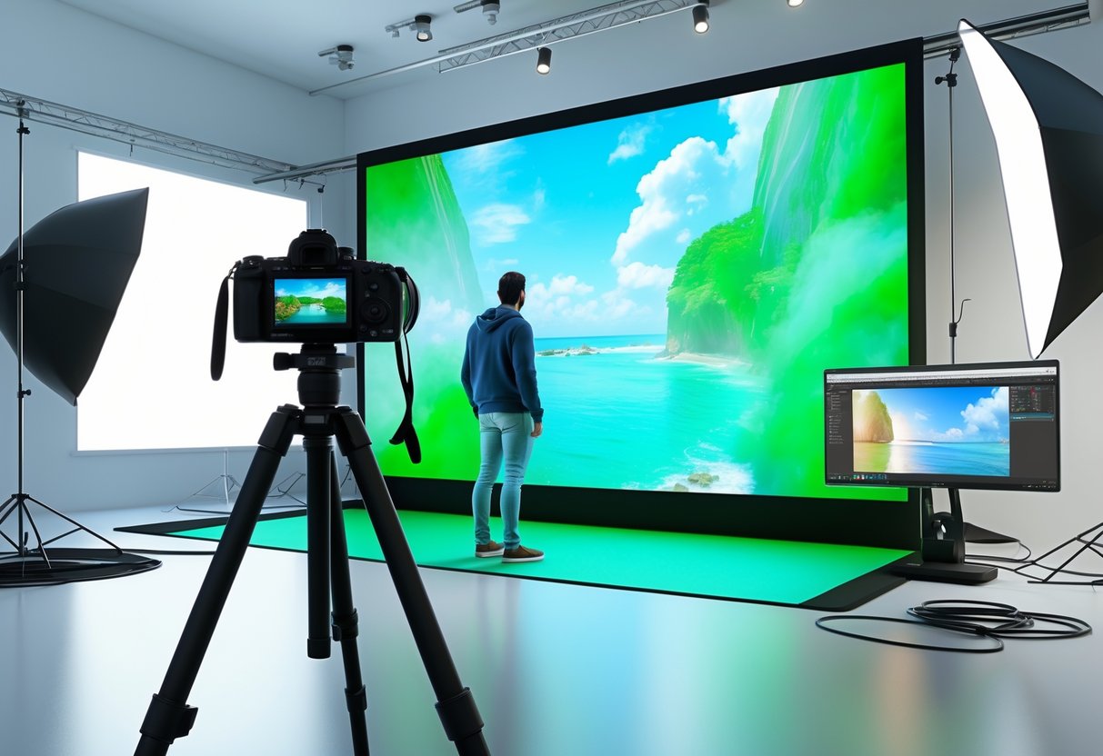 A photography studio with a person standing in front of a large LED screen showing digital backgrounds, surrounded by cameras, lights, and computer equipment.