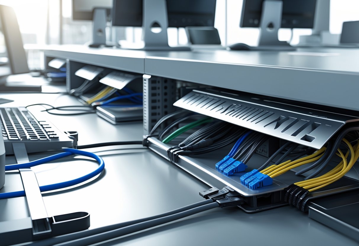 A tidy office desk setup showing neatly organised cables routed through trays and clips under and around the desk.