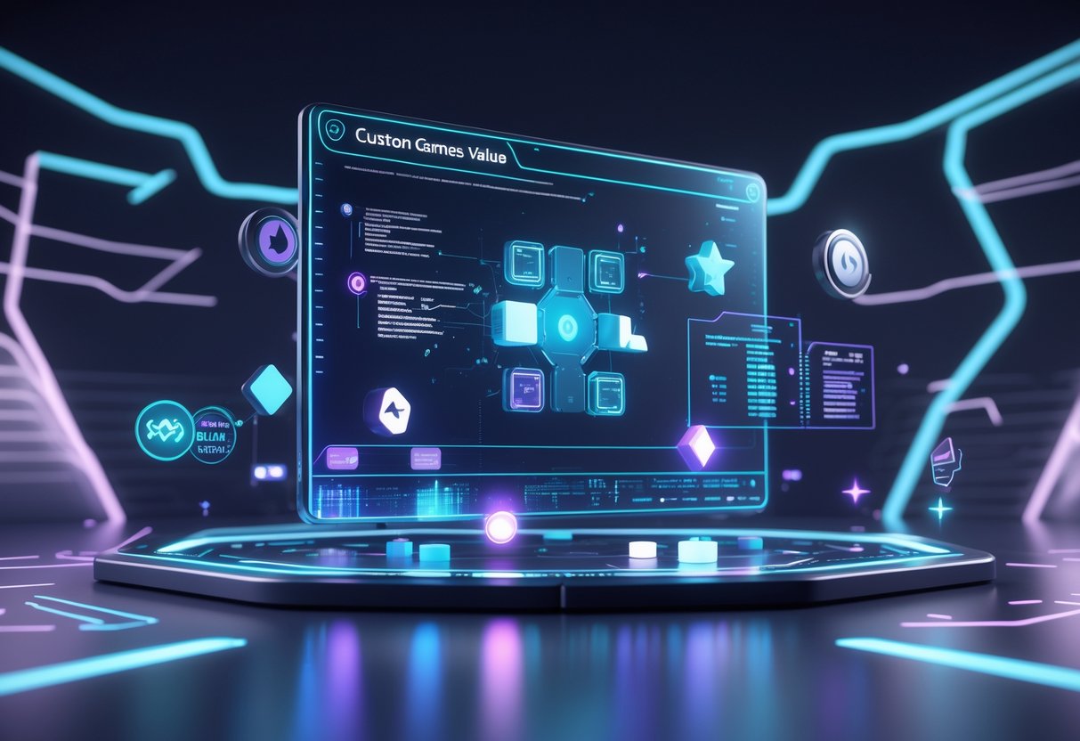 A futuristic digital interface with floating holographic game elements and glowing data streams in a dark virtual space.