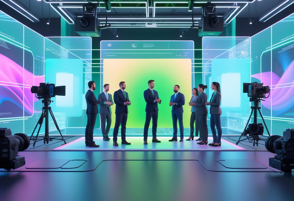 A futuristic studio with people using advanced virtual backgrounds and holographic displays replacing traditional green screens.