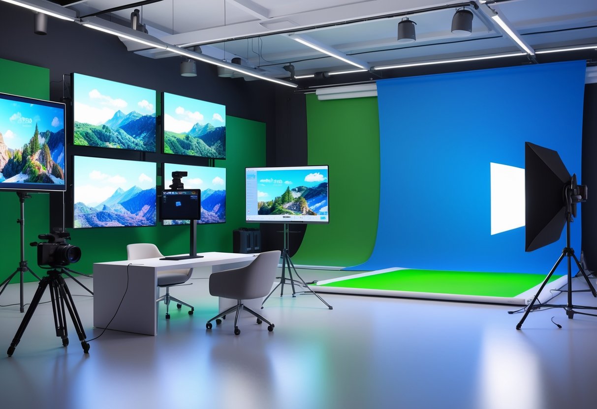 A modern office with various video background alternatives including LED panels, coloured fabric panels, and a holographic projection device.