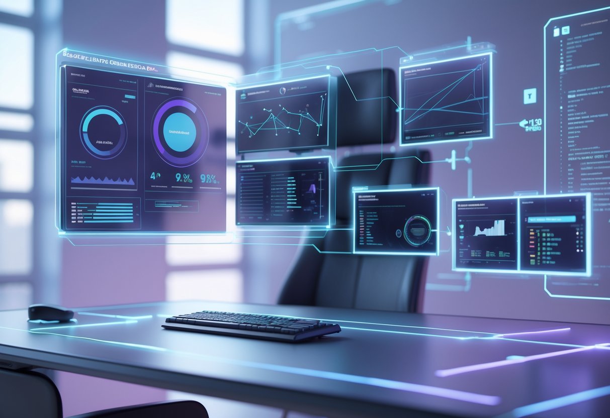 A 3D scene showing a futuristic digital workspace with holographic screens displaying game assets and data visualisations used to assess custom games.