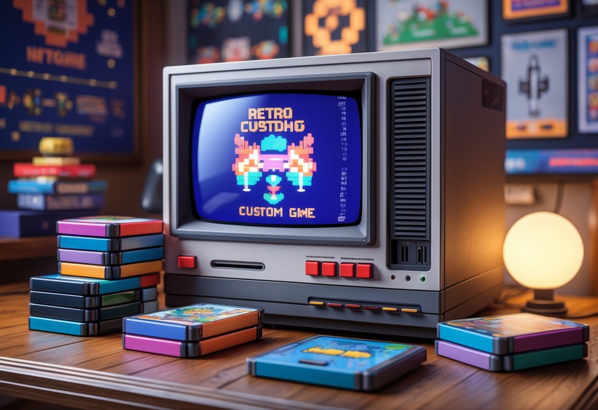 A 3D scene showing a classic NES console with custom game cartridges on a table and a CRT TV displaying a retro game.
