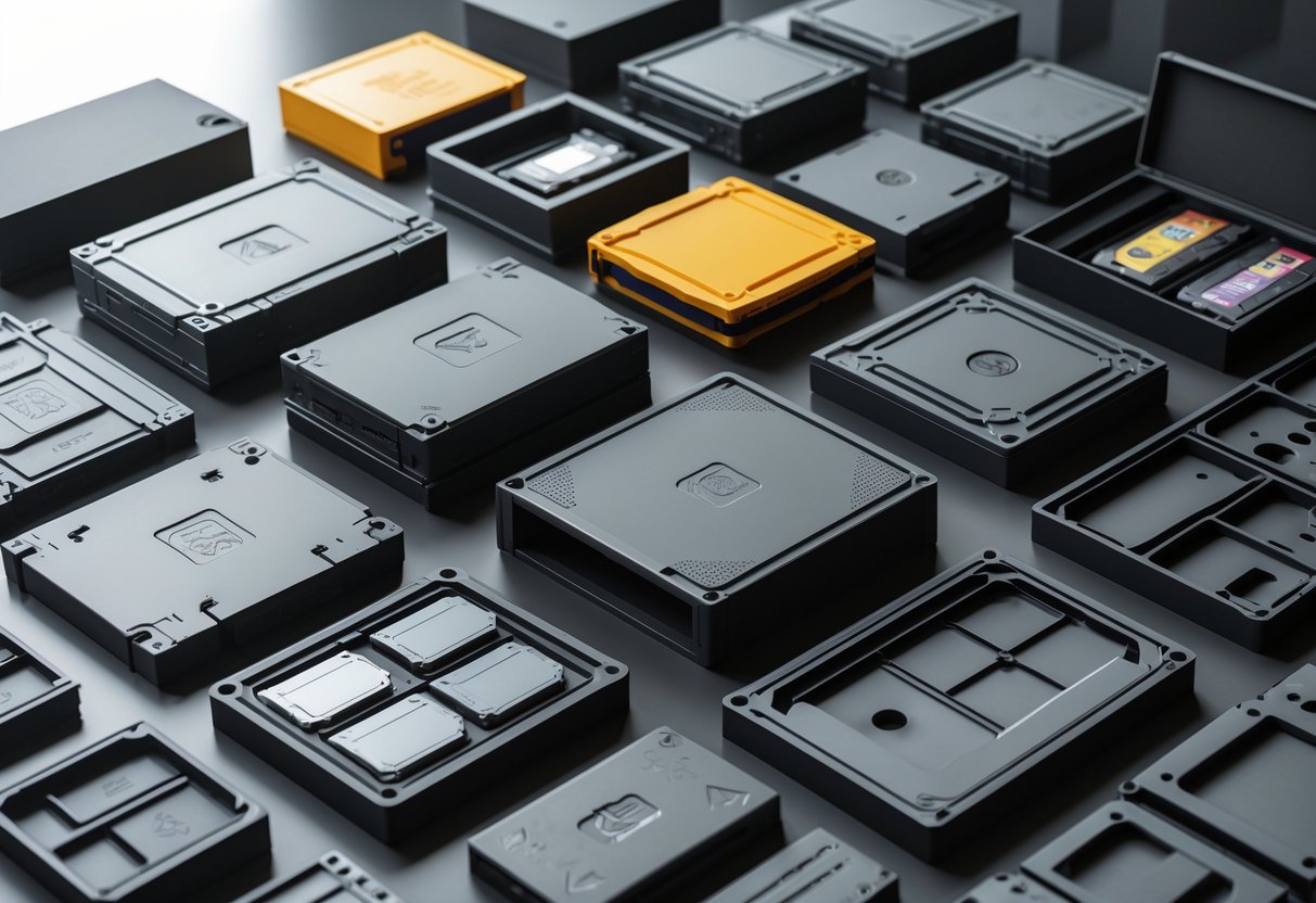 A collection of custom game packaging and cases displayed on a surface, some open to show foam inserts holding game components.