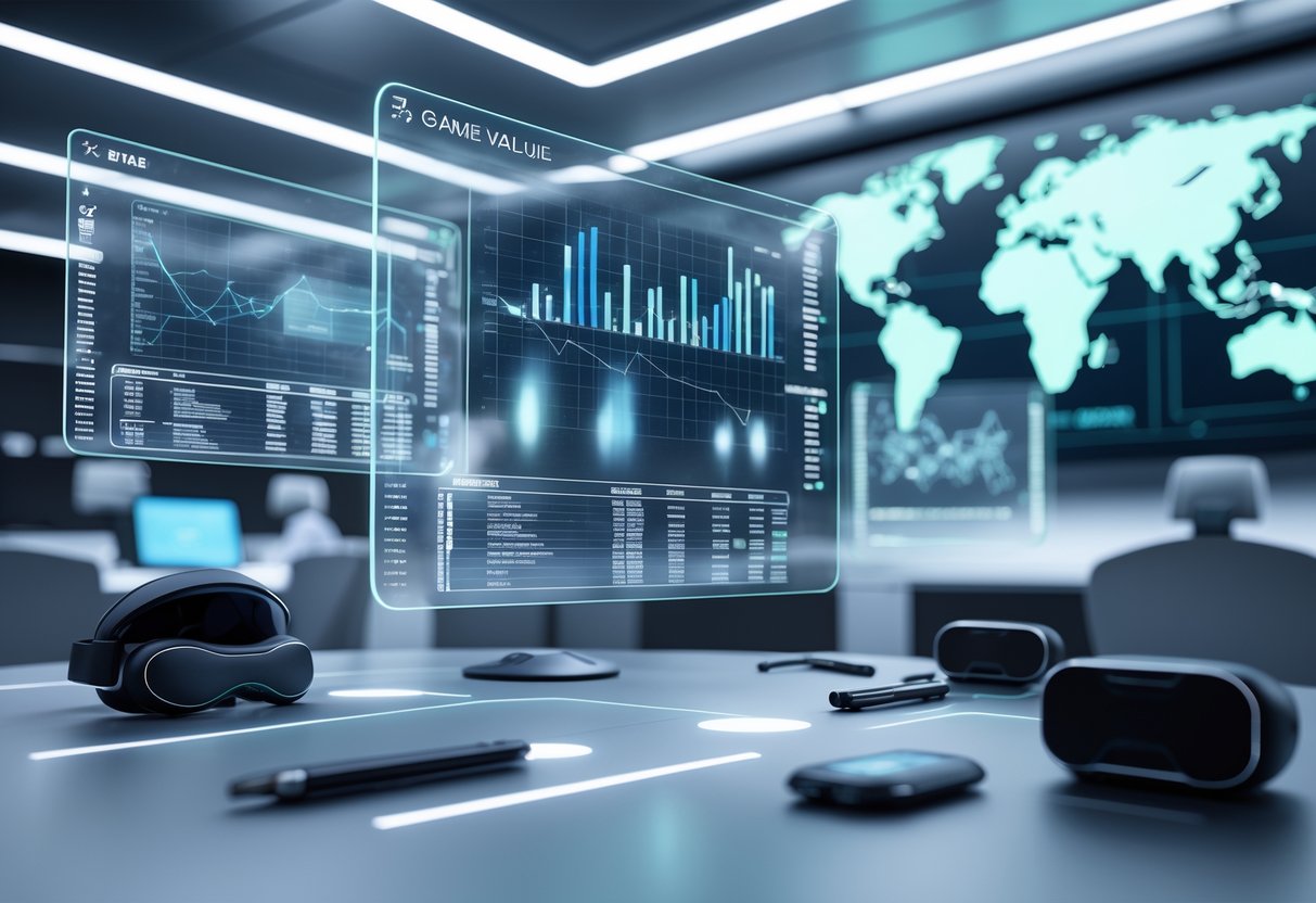 A futuristic digital workspace with floating holographic screens showing graphs and data, surrounded by modern tools and devices, set in a high-tech office environment.