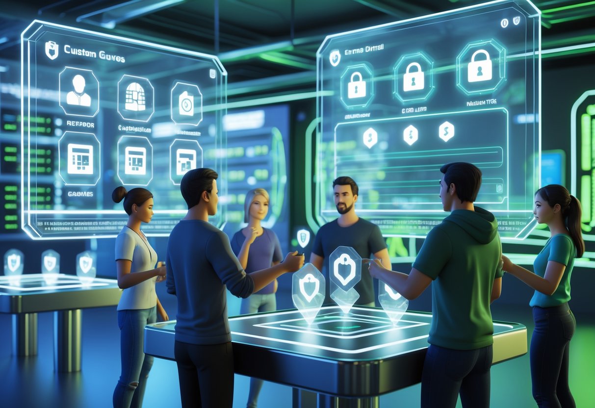 A digital marketplace scene where people trade custom games safely using holographic displays and secure transactions.