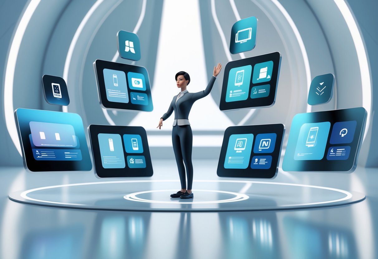 A digital workspace with floating holographic screens showing different device icons around a trainer avatar interacting with them.