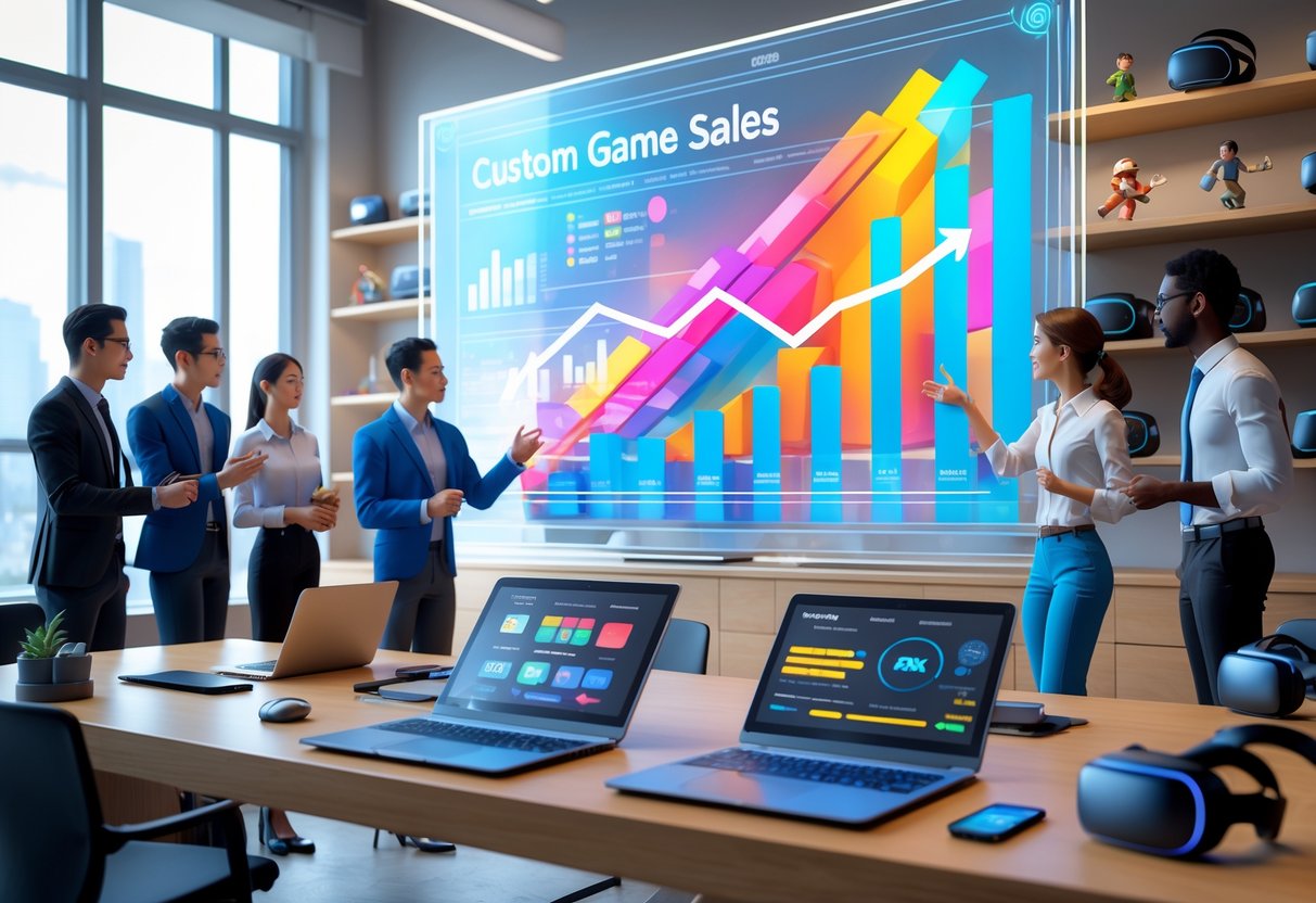 A group of professionals discussing colourful sales charts on a large digital screen in a bright office filled with gaming equipment.