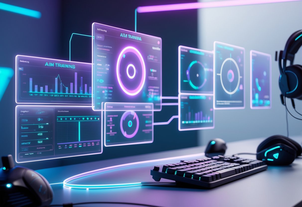 A futuristic virtual training room with floating holographic screens showing aim training metrics and gaming peripherals arranged nearby.