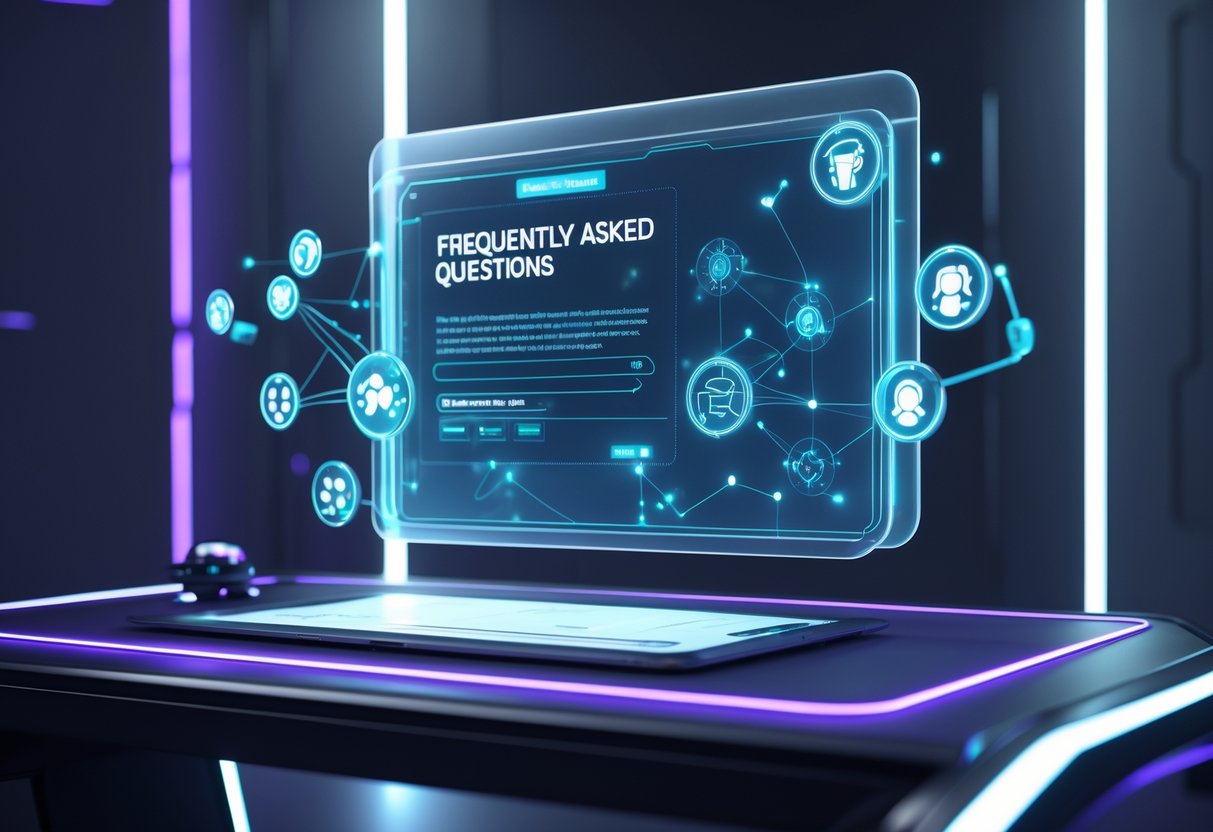 A futuristic digital interface with floating holographic panels and game-related icons in a dark room with neon lighting.